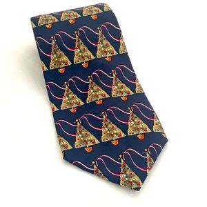 Hallmark Christmas Tree Tie Mens 100% Silk Yule Tide Holiday Dress Suit Navy